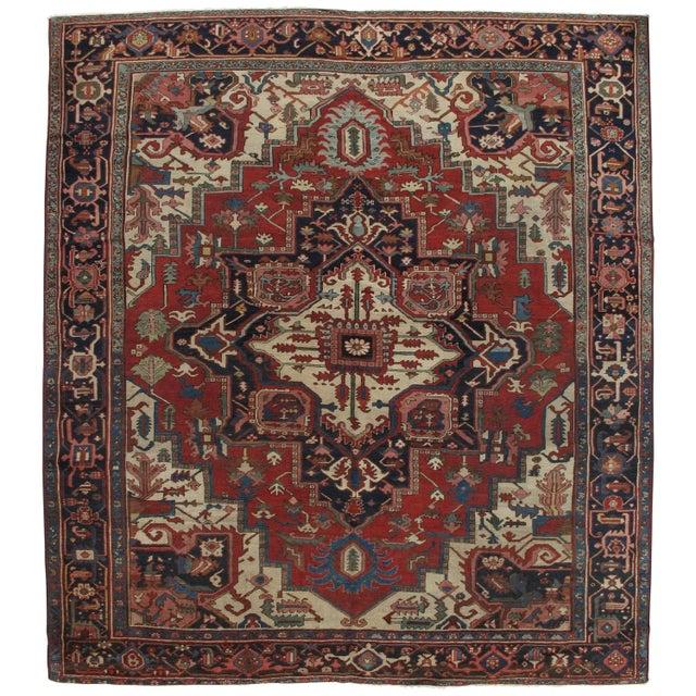 Antique Handsome Serapi Carpet, Handmade Wool Carpet Red Navy, Light Blue, Ivory For Sale - Image 4 of 4