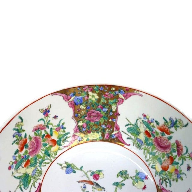 Oversized Chinese Rose Medallion Punch Bowl Flower Garden & Butterflies C1930 For Sale - Image 12 of 15