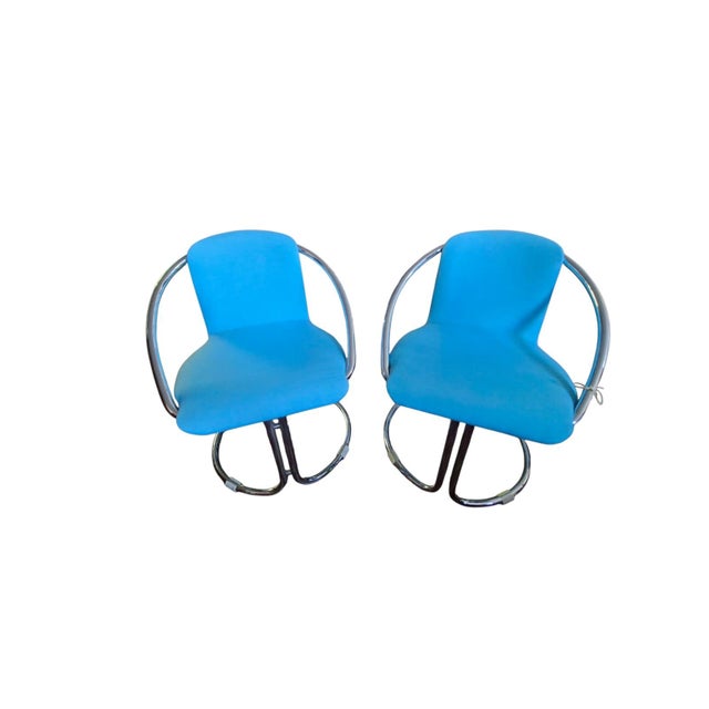 1960s Italian Steel and in Turquoise Cotton Upholstery Armchairs, 1960s, Set of 2 For Sale - Image 5 of 18