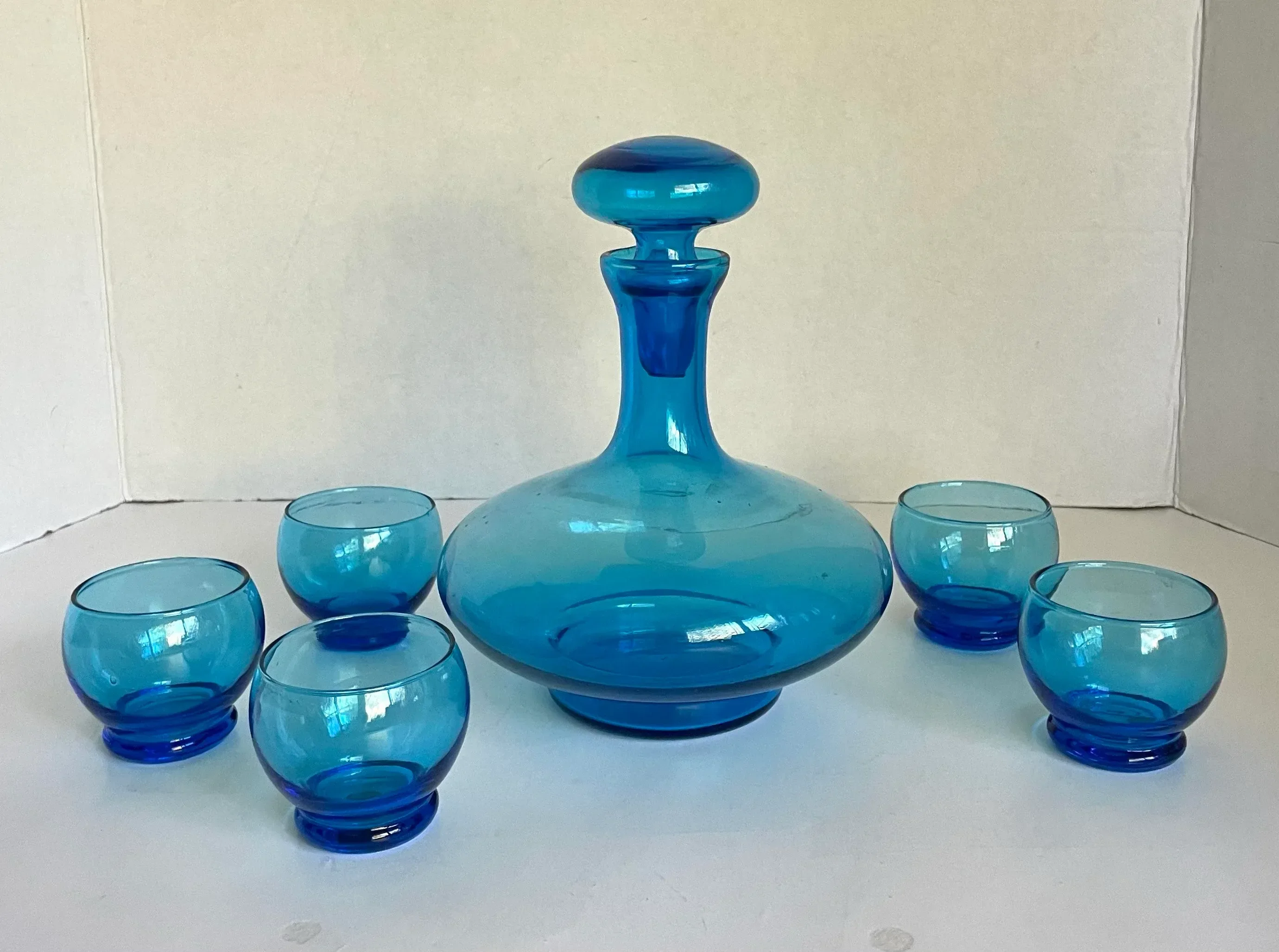 MCM Italian Blue Art Glass Decanter and 5 Glasses Set | Chairish