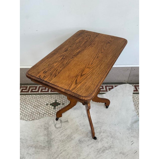 Antique Victorian Carved Quarter Sawn Oak Parlor Table on Casters, Eastlake Style For Sale - Image 10 of 18