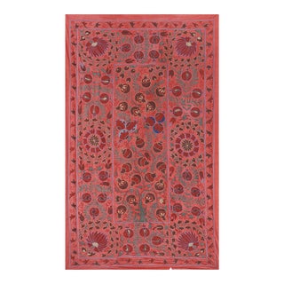 Vintage Silk Suzani Wall Hanging Decor With Tree of Life Design, Bukhara Red For Sale
