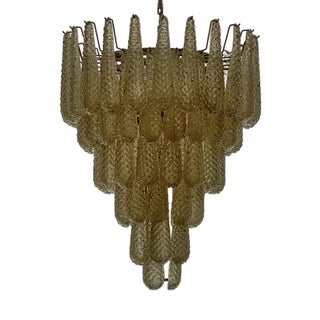 Murano Glass Chandelier Large Size with Drop Prisms in Amber For Sale