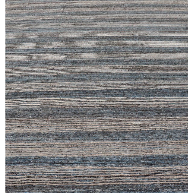 Early 21st Century Modern Afghan Kilim Rug in Deep Blue and Gray Horizontal Stripe Design 9'0 X 12'2 For Sale - Image 5 of 11
