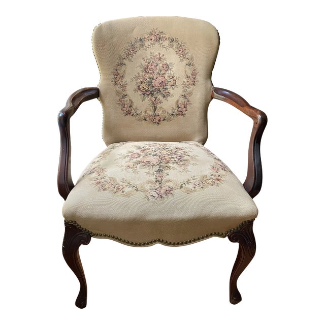 Vintage Louis XV Style Early 1900’s Open Arm Chair With Nailhead Trim For Sale