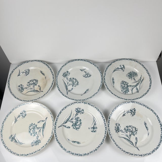 Set of 6 "Carnation" pattern dinner plates, KG Lunéville, ironstone, 19th century Blue carnation motif Diameter: 23 cm...