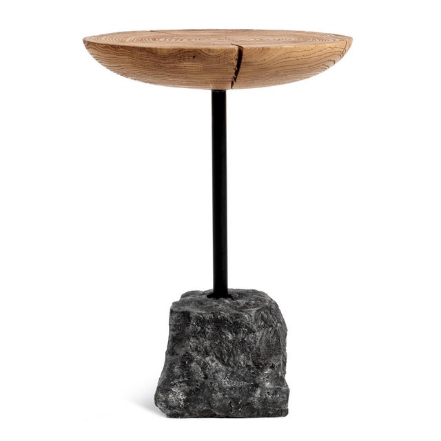 Contemporary Charcoal Stone & Wood Slice Side Table For Sale - Image 3 of 5