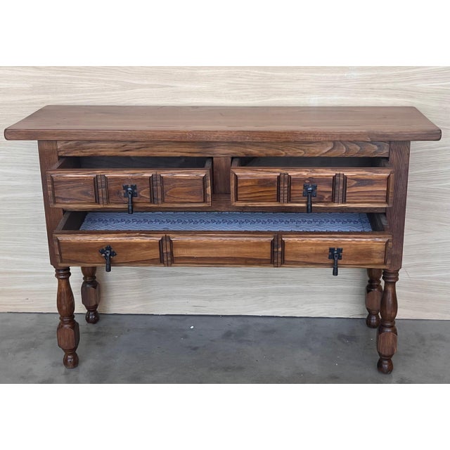 19th Century Catalan Spanish Carved Walnut Console Sofa Table, Four Drawers For Sale - Image 11 of 18