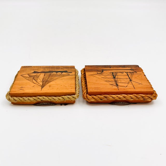 Vintage Folk Art Pen & Ink Petite Sailboat Art, Signed - Nautical Wood Plaques - Set of 2 For Sale - Image 14 of 18