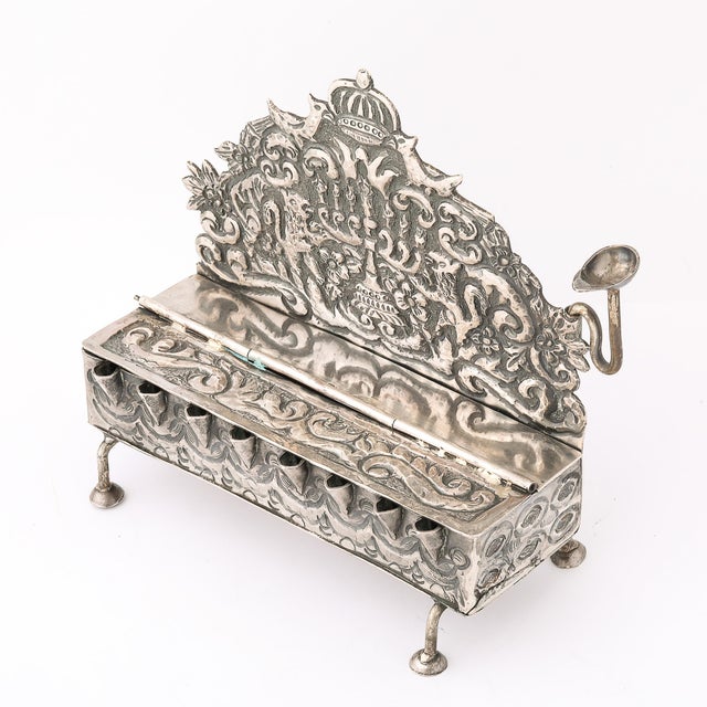 Baroque 19th Century Hand-Worked Repoussé Sterling Oil Lamp Footed Menorah For Sale - Image 16 of 18