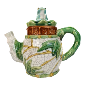 Early 20th Century Bamboo Frog Crackle Porcelain Oriental Decorative Teapot
