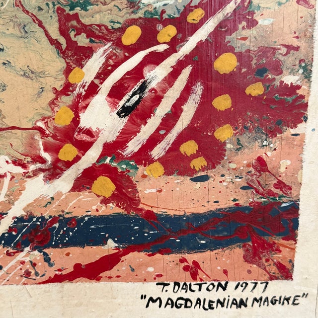 Red Large Abstract Folk Art Acylic Painting "Magdalenian Magike" by T. Dalton. 1977 For Sale - Image 8 of 9