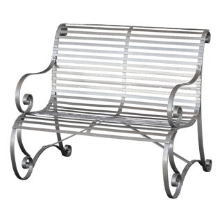English Garden Bench Seat of Painted Wrought Iron With Scrollwork Design For Sale