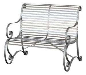 English Garden Bench Seat of Painted Wrought Iron With Scrollwork Design