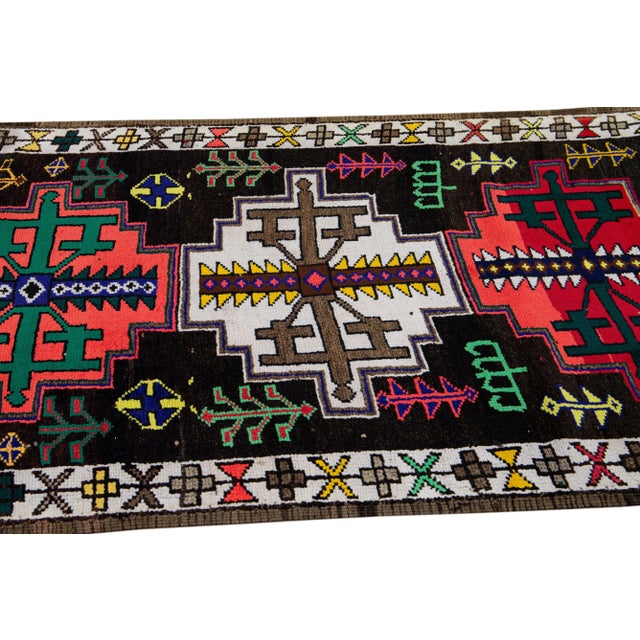 1960s Vintage Brown Turkish Handmade Multicolor Tribal Pattern Wool Runner For Sale - Image 5 of 11