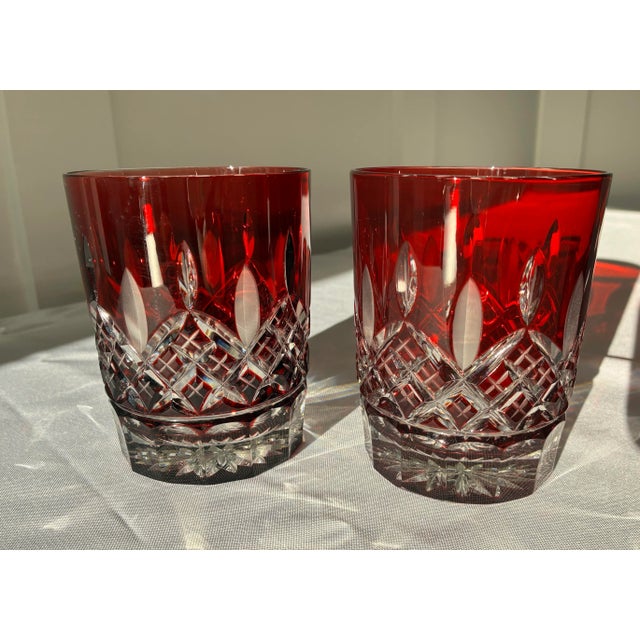 Pair Waterford Lismore Red Double Old Fashioned Crystal Glasses. The Lismore crystal pattern was created by Waterford's...
