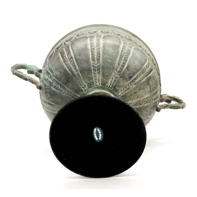 Vintage Verdigris Brass Urn With Scroll Handles on Pedestal Base - Neoclassical, Traditional, Classical For Sale - Image 10 of 12