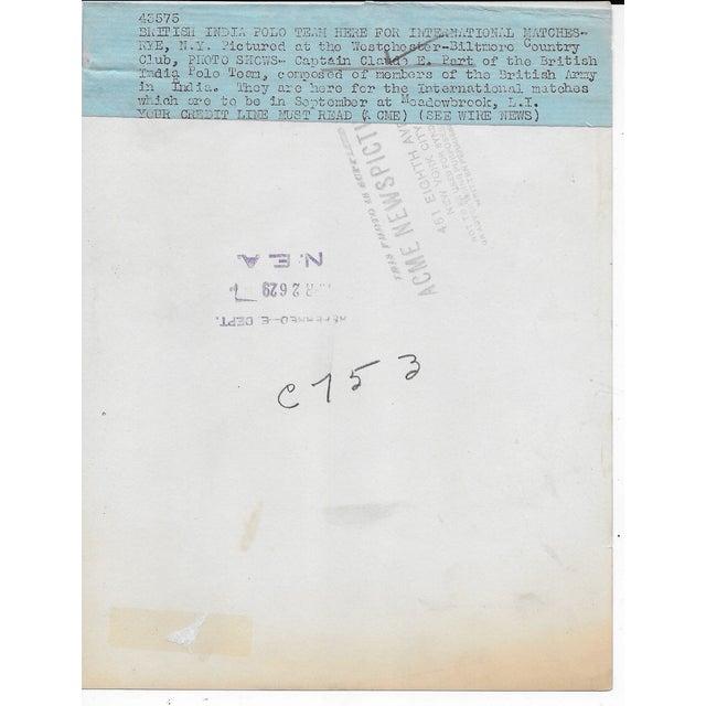 1929 black and white antique photograph of Captain Claude Part and his horse of the British India Polo Team, which was...