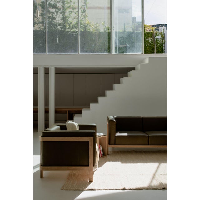 Olive LIFT Minimalist Three-Seater Sofa in Oak Wood and Bosco Leather Seat by Julien Renault For Sale - Image 8 of 13