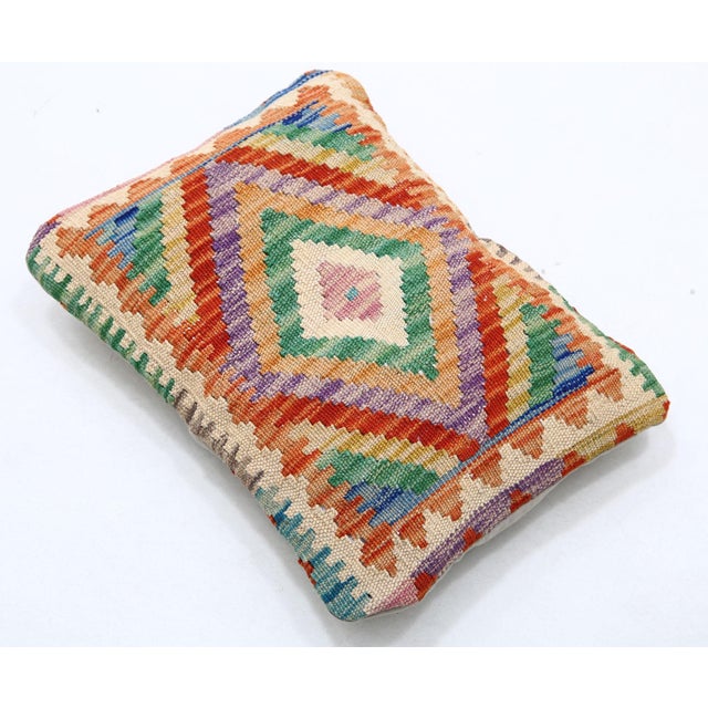 Tribal Arteverk Handwoven Afghan Kilim Lumbar Pillow — Green & Purple Diamonds For Sale - Image 3 of 3