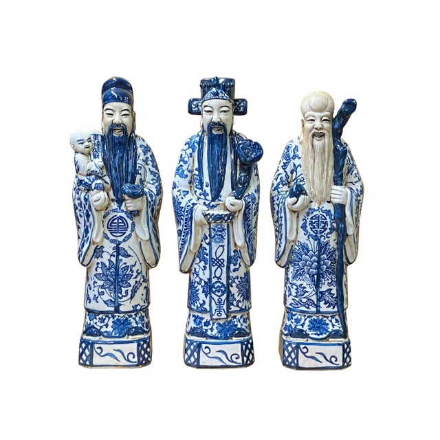 Chinese Distressed Blue White Color Fengshui Fok Lok Shao Figure Set For Sale In San Francisco - Image 6 of 6