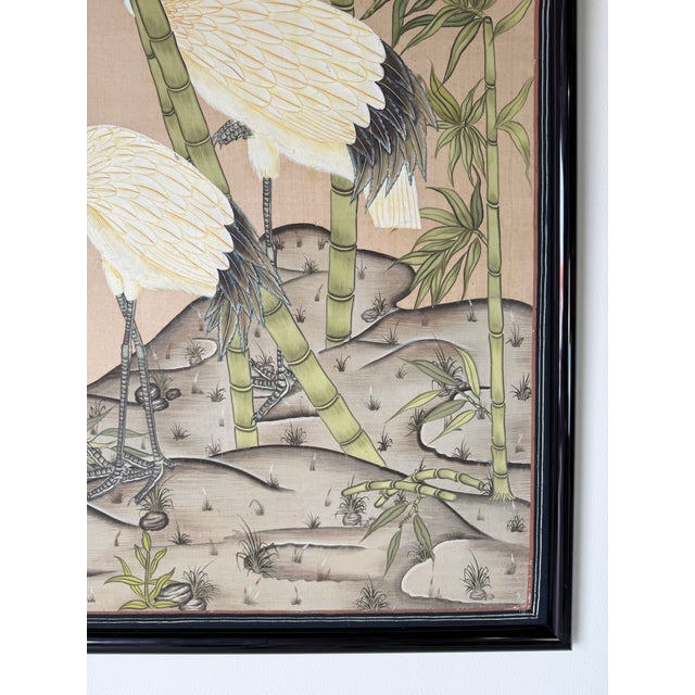 Vintage Japanese Red-Crowned Cranes in Bamboo Garden Tropical Landscape Art Painted Silk Scroll For Sale - Image 10 of 12