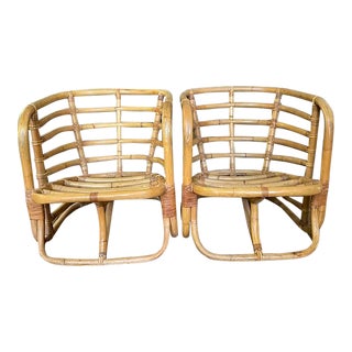 Pair of Mid 20th Century Art Deco Bamboo Stylized Lounge Chairs, Attributed to Beverly Hills Rattan For Sale