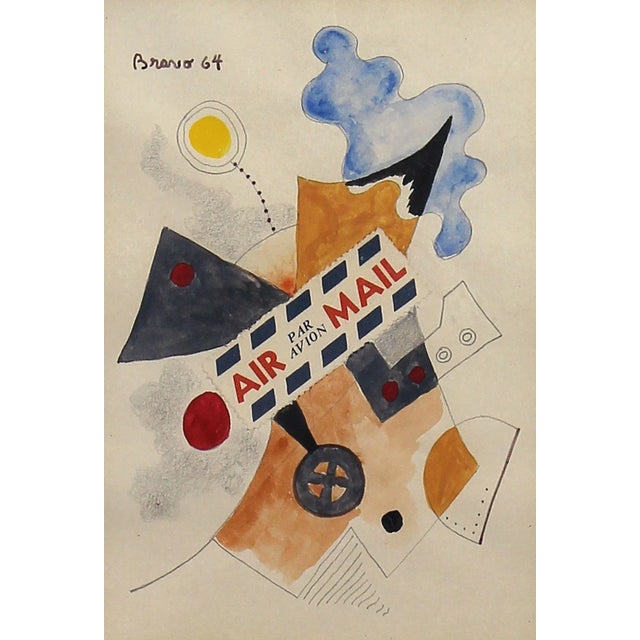 "Air Mail" Watercolor by Gustavo Bravo, Collage, 1964 DIMENSIONS: 5.5 x 4 in. (image); 14.5 x 12.25 in. (framed)...