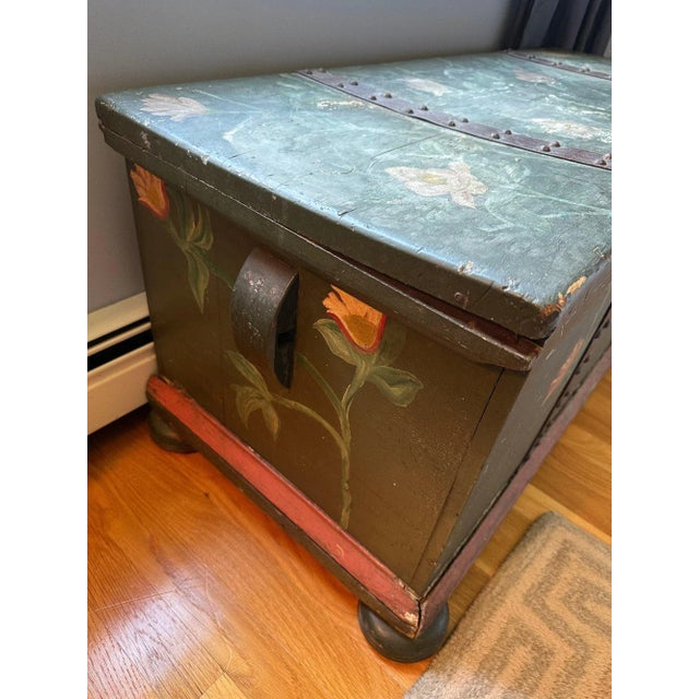 Folk Art Antique Hand-Painted Green Storage Chest With Floral Motifs – Central/Eastern Europe For Sale - Image 3 of 5