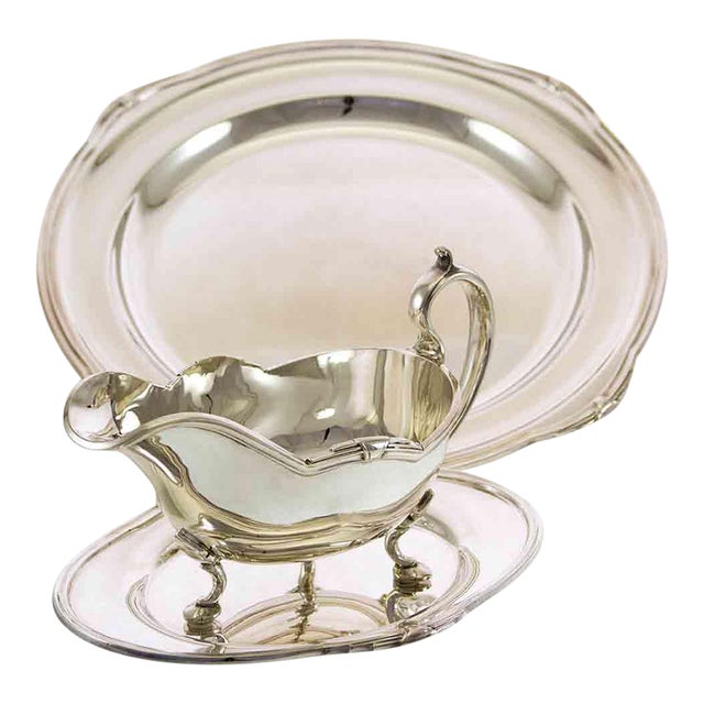 1970’s Vintage/New Silver Set of 2 Including 1 Round Platter & 1 Sauce/ Boat & Tray, With Jubilee, Patented Pattern For Sale