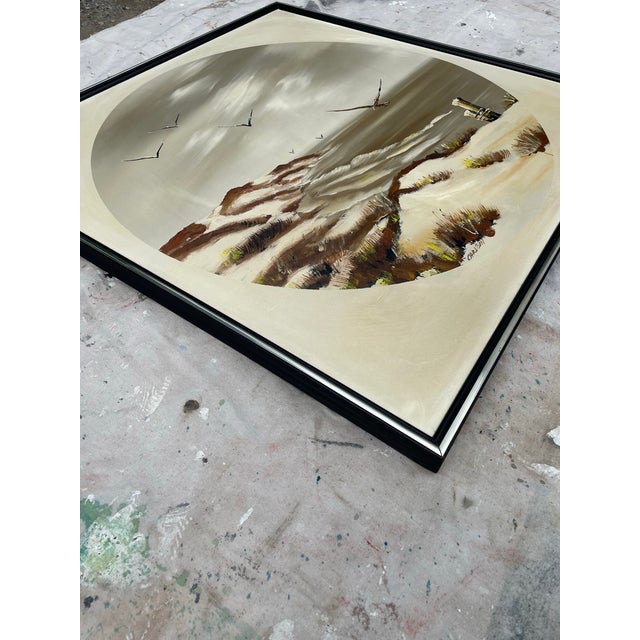 A mid-century original oil or acrylic on canvas seascape shore scene painting of sand dunes with sea gulls by Californian...