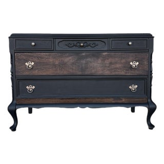 1920s French Provincial Black & Burled Wood Dresser – Two-Tone Finish With Original Brass Hardware For Sale