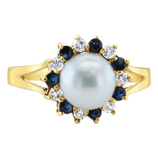 Pearl Ring with Diamond Sapphire Halo Ring 14k Yellow Gold, Size 5 For Sale