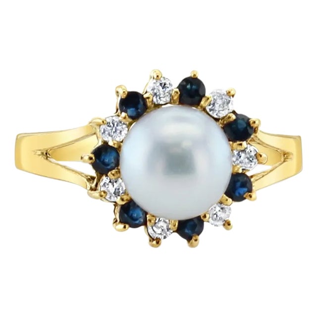 Pearl Ring with Diamond Sapphire Halo Ring 14k Yellow Gold, Size 5 For Sale