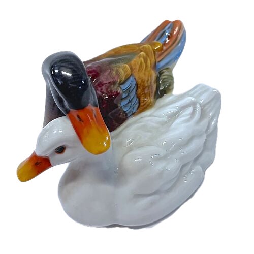 Antique Herend intertwined duck figurine. Marked "Herend 7-36, 2, Herend Hungary, Handpainted, 13, IS" on the underside.
