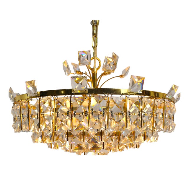 Mid-Century Brutalist Clear Crystal and Brass Chandelier from Palwa, 1970s For Sale