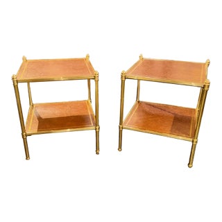 Pair of Modern Maison Brass and Leather Side Tables For Sale