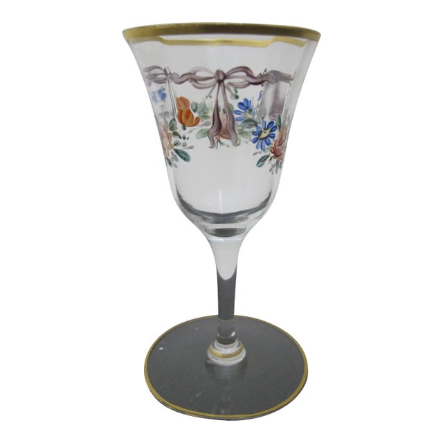 Vintage Hand Painted Colorful Flower & Ribbon Bows Gold Trim Cordial Glass For Sale
