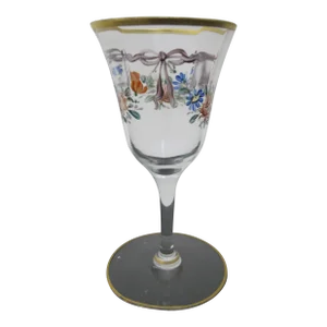 Vintage Hand Painted Colorful Flower & Ribbon Bows Gold Trim Cordial Glass