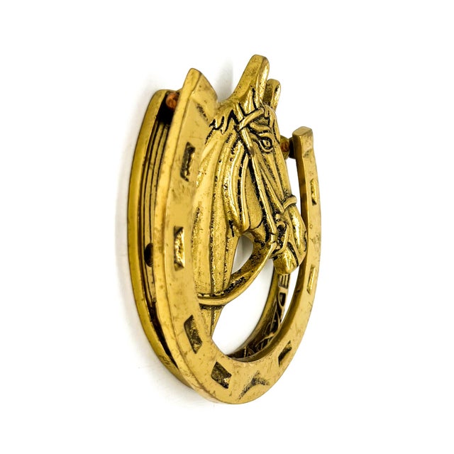 Vintage Brass Horse Head & Horseshoe Door Knocker With Celtic Knot – English Equestrian / Traditional For Sale In Houston - Image 6 of 9