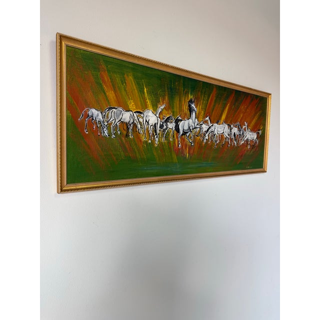 Striking mid-century oil on canvas painting by R. Horwitz, dating to the 1960s. This dynamic work depicts a herd of white...
