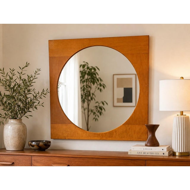 This vintage Mid-Century Modern wall mirror features a striking geometric composition with a large circular mirror...