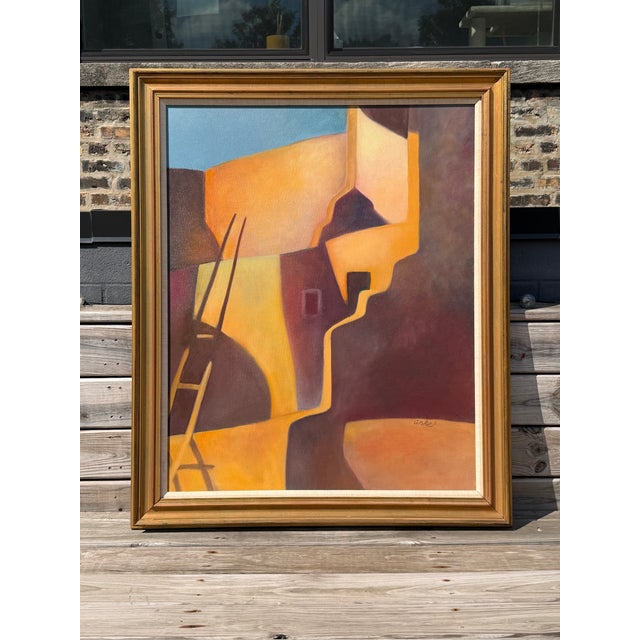 Large Mid-Century Southwestern Modernist Adobe Pueblo Architecture Oil Painting - Framed For Sale - Image 4 of 5