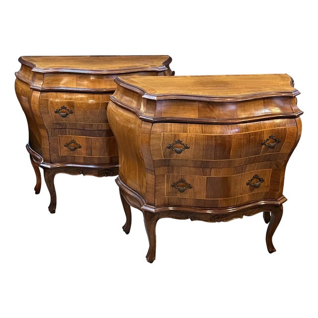 1930s Pair Italian Rococo Style Bombe-Form Two-Drawer Olivewood Chests/Nightstands For Sale
