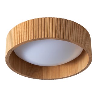 1980s Tambo 14" Flush Mount Ceiling Light - Glass Diffuser, Natural Ash, Weathered Brass, Dimmable For Sale