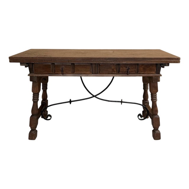 Spanish Drop-Leaf Console Table With Iron Stretchers, 1940s For Sale