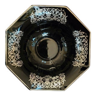 Mid 20th Century Black Glass Bowl With Sterling Floral Overlay For Sale
