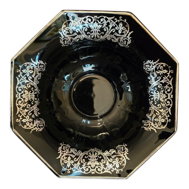 Mid 20th Century Black Glass Bowl With Sterling Floral Overlay For Sale