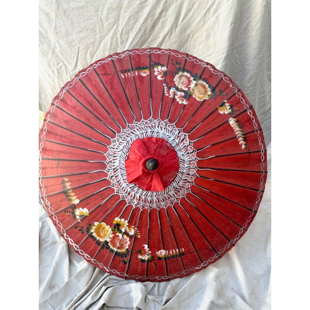 Boho Chic Vintage Asian Paper Umbrella Parasol For Sale - Image 3 of 12