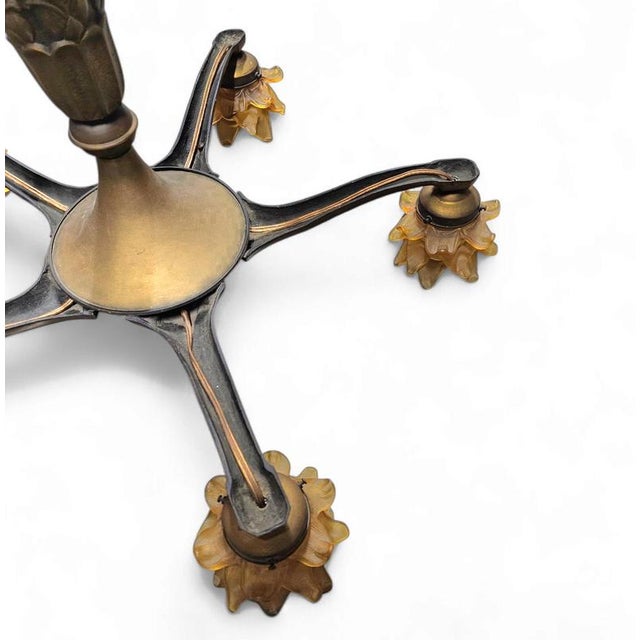 Art Deco Art Nouveau Brass Chandelier with Hand-Blown Floral Shades For Sale - Image 15 of 18